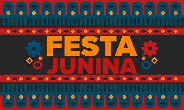 Brezilya 'daki Festa Junina. Brezilya festivali. İyi tatiller. Brezilya bayrağı. Karnaval ve geçit töreni. Yaz eğlencesi partisi. Vektör illüstrasyonu