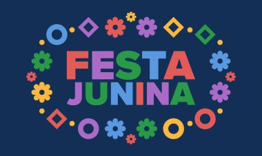 Brezilya 'daki Festa Junina. Brezilya festivali. İyi tatiller. Brezilya bayrağı. Karnaval ve geçit töreni. Yaz eğlencesi partisi. Vektör illüstrasyonu