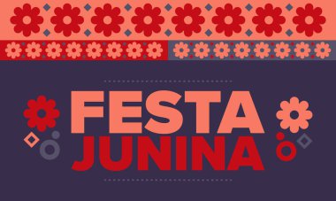 Brezilya 'daki Festa Junina. Brezilya festivali. İyi tatiller. Brezilya bayrağı. Karnaval ve geçit töreni. Yaz eğlencesi partisi. Vektör illüstrasyonu