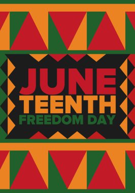 Haziran Bağımsızlık Günü 'nde. Özgürlük ya da Özgürlük Günü. Yıllık Amerikan bayramı, 19 Haziran 'da kutlandı. Afro-Amerikan tarihi ve mirası. Poster, tebrik kartı, afiş ve geçmiş. Vektör