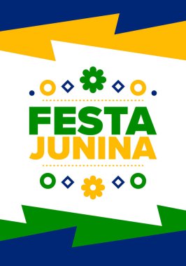 Brezilya 'daki Festa Junina. Brezilya festivali. İyi tatiller. Brezilya bayrağı. Karnaval ve geçit töreni. Yaz eğlencesi partisi. Vektör illüstrasyonu
