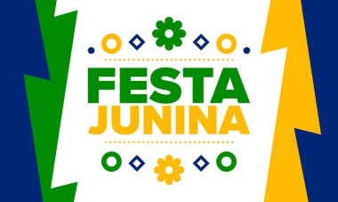 Brezilya 'daki Festa Junina. Brezilya festivali. İyi tatiller. Brezilya bayrağı. Karnaval ve geçit töreni. Yaz eğlencesi partisi. Vektör illüstrasyonu