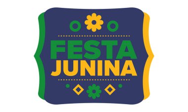 Brezilya 'daki Festa Junina. Brezilya festivali. İyi tatiller. Brezilya bayrağı. Karnaval ve geçit töreni. Yaz eğlencesi partisi. Vektör illüstrasyonu