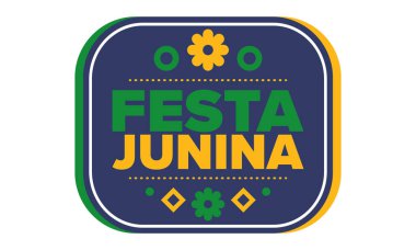 Brezilya 'daki Festa Junina. Brezilya festivali. İyi tatiller. Brezilya bayrağı. Karnaval ve geçit töreni. Yaz eğlencesi partisi. Vektör illüstrasyonu