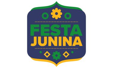 Brezilya 'daki Festa Junina. Brezilya festivali. İyi tatiller. Brezilya bayrağı. Karnaval ve geçit töreni. Yaz eğlencesi partisi. Vektör illüstrasyonu