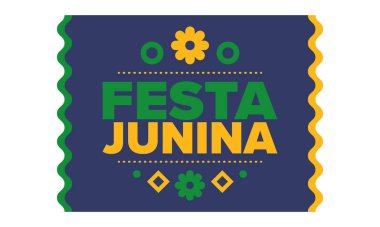 Brezilya 'daki Festa Junina. Brezilya festivali. İyi tatiller. Brezilya bayrağı. Karnaval ve geçit töreni. Yaz eğlencesi partisi. Vektör illüstrasyonu