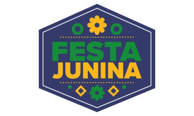 Brezilya 'daki Festa Junina. Brezilya festivali. İyi tatiller. Brezilya bayrağı. Karnaval ve geçit töreni. Yaz eğlencesi partisi. Vektör illüstrasyonu