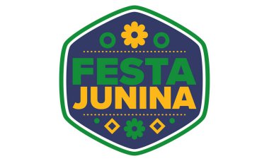 Brezilya 'daki Festa Junina. Brezilya festivali. İyi tatiller. Brezilya bayrağı. Karnaval ve geçit töreni. Yaz eğlencesi partisi. Vektör illüstrasyonu