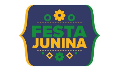 Brezilya 'daki Festa Junina. Brezilya festivali. İyi tatiller. Brezilya bayrağı. Karnaval ve geçit töreni. Yaz eğlencesi partisi. Vektör illüstrasyonu