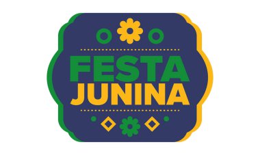 Brezilya 'daki Festa Junina. Brezilya festivali. İyi tatiller. Brezilya bayrağı. Karnaval ve geçit töreni. Yaz eğlencesi partisi. Vektör illüstrasyonu