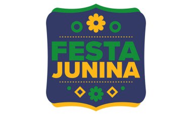 Brezilya 'daki Festa Junina. Brezilya festivali. İyi tatiller. Brezilya bayrağı. Karnaval ve geçit töreni. Yaz eğlencesi partisi. Vektör illüstrasyonu