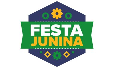 Brezilya 'daki Festa Junina. Brezilya festivali. İyi tatiller. Brezilya bayrağı. Karnaval ve geçit töreni. Yaz eğlencesi partisi. Vektör illüstrasyonu