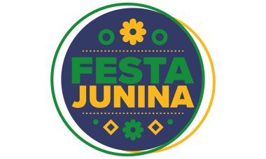 Brezilya 'daki Festa Junina. Brezilya festivali. İyi tatiller. Brezilya bayrağı. Karnaval ve geçit töreni. Yaz eğlencesi partisi. Vektör illüstrasyonu