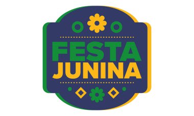 Brezilya 'daki Festa Junina. Brezilya festivali. İyi tatiller. Brezilya bayrağı. Karnaval ve geçit töreni. Yaz eğlencesi partisi. Vektör illüstrasyonu