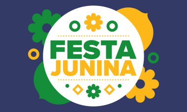 Brezilya 'daki Festa Junina. Brezilya festivali. İyi tatiller. Brezilya bayrağı. Karnaval ve geçit töreni. Yaz eğlencesi partisi. Vektör illüstrasyonu