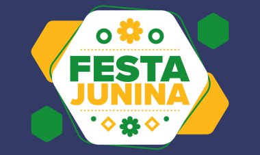 Brezilya 'daki Festa Junina. Brezilya festivali. İyi tatiller. Brezilya bayrağı. Karnaval ve geçit töreni. Yaz eğlencesi partisi. Vektör illüstrasyonu