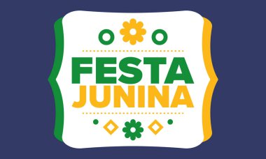 Brezilya 'daki Festa Junina. Brezilya festivali. İyi tatiller. Brezilya bayrağı. Karnaval ve geçit töreni. Yaz eğlencesi partisi. Vektör illüstrasyonu