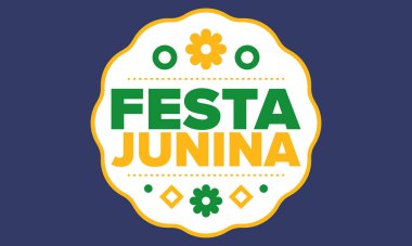 Brezilya 'daki Festa Junina. Brezilya festivali. İyi tatiller. Brezilya bayrağı. Karnaval ve geçit töreni. Yaz eğlencesi partisi. Vektör illüstrasyonu