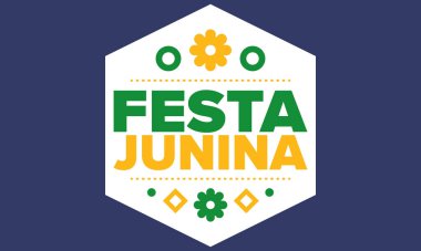 Brezilya 'daki Festa Junina. Brezilya festivali. İyi tatiller. Brezilya bayrağı. Karnaval ve geçit töreni. Yaz eğlencesi partisi. Vektör illüstrasyonu