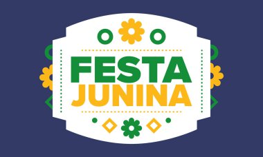 Brezilya 'daki Festa Junina. Brezilya festivali. İyi tatiller. Brezilya bayrağı. Karnaval ve geçit töreni. Yaz eğlencesi partisi. Vektör illüstrasyonu