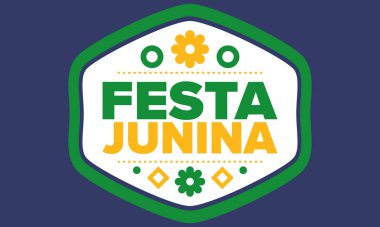 Brezilya 'daki Festa Junina. Brezilya festivali. İyi tatiller. Brezilya bayrağı. Karnaval ve geçit töreni. Yaz eğlencesi partisi. Vektör illüstrasyonu