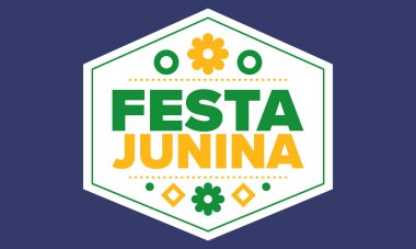 Brezilya 'daki Festa Junina. Brezilya festivali. İyi tatiller. Brezilya bayrağı. Karnaval ve geçit töreni. Yaz eğlencesi partisi. Vektör illüstrasyonu