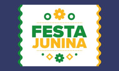 Brezilya 'daki Festa Junina. Brezilya festivali. İyi tatiller. Brezilya bayrağı. Karnaval ve geçit töreni. Yaz eğlencesi partisi. Vektör illüstrasyonu