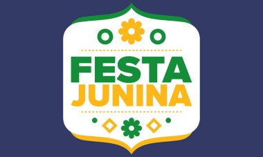 Brezilya 'daki Festa Junina. Brezilya festivali. İyi tatiller. Brezilya bayrağı. Karnaval ve geçit töreni. Yaz eğlencesi partisi. Vektör illüstrasyonu