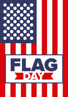 ABD 'de Ulusal Bayrak Günü. ABD 'de yıllık 14 Haziran tatili kutlandı. Amerikan bayrağıyla vatansever tarzı tasarım. Poster, tebrik kartı, afiş ve geçmiş. Vektör illüstrasyonu