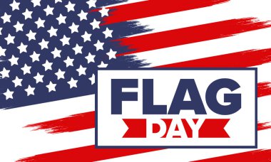 ABD 'de Ulusal Bayrak Günü. ABD 'de yıllık 14 Haziran tatili kutlandı. Amerikan bayrağıyla vatansever tarzı tasarım. Poster, tebrik kartı, afiş ve geçmiş. Vektör illüstrasyonu