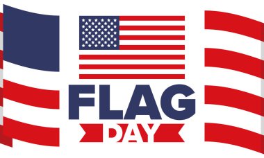 ABD 'de Ulusal Bayrak Günü. ABD 'de yıllık 14 Haziran tatili kutlandı. Amerikan bayrağıyla vatansever tarzı tasarım. Poster, tebrik kartı, afiş ve geçmiş. Vektör illüstrasyonu