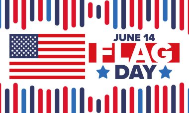 ABD 'de Ulusal Bayrak Günü. ABD 'de yıllık 14 Haziran tatili kutlandı. Amerikan bayrağıyla vatansever tarzı tasarım. Poster, tebrik kartı, afiş ve geçmiş. Vektör illüstrasyonu