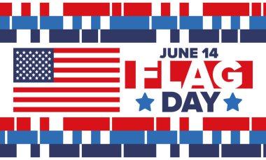 ABD 'de Ulusal Bayrak Günü. ABD 'de yıllık 14 Haziran tatili kutlandı. Amerikan bayrağıyla vatansever tarzı tasarım. Poster, tebrik kartı, afiş ve geçmiş. Vektör illüstrasyonu