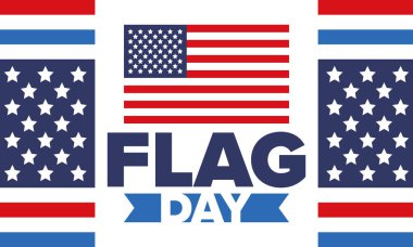 ABD 'de Ulusal Bayrak Günü. ABD 'de yıllık 14 Haziran tatili kutlandı. Amerikan bayrağıyla vatansever tarzı tasarım. Poster, tebrik kartı, afiş ve geçmiş. Vektör illüstrasyonu