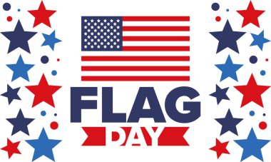 ABD 'de Ulusal Bayrak Günü. ABD 'de yıllık 14 Haziran tatili kutlandı. Amerikan bayrağıyla vatansever tarzı tasarım. Poster, tebrik kartı, afiş ve geçmiş. Vektör illüstrasyonu