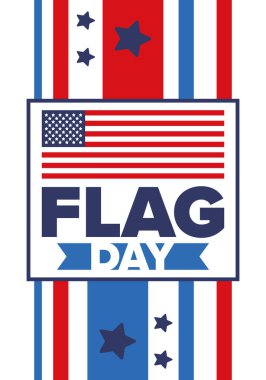 ABD 'de Ulusal Bayrak Günü. ABD 'de yıllık 14 Haziran tatili kutlandı. Amerikan bayrağıyla vatansever tarzı tasarım. Poster, tebrik kartı, afiş ve geçmiş. Vektör illüstrasyonu