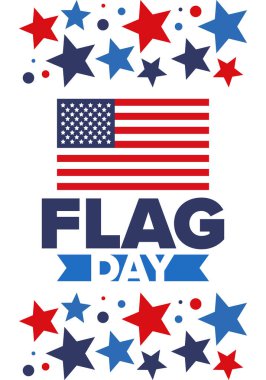ABD 'de Ulusal Bayrak Günü. ABD 'de yıllık 14 Haziran tatili kutlandı. Amerikan bayrağıyla vatansever tarzı tasarım. Poster, tebrik kartı, afiş ve geçmiş. Vektör illüstrasyonu