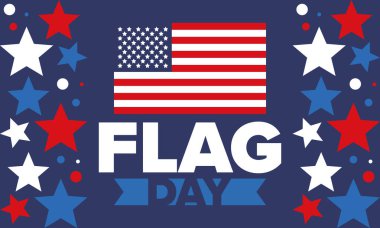 ABD 'de Ulusal Bayrak Günü. ABD 'de yıllık 14 Haziran tatili kutlandı. Amerikan bayrağıyla vatansever tarzı tasarım. Poster, tebrik kartı, afiş ve geçmiş. Vektör illüstrasyonu