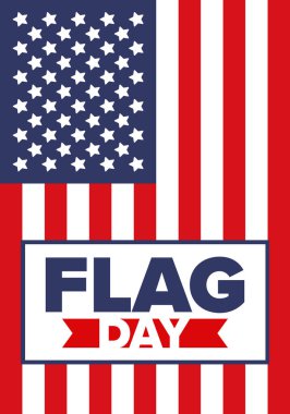 ABD 'de Ulusal Bayrak Günü. ABD 'de yıllık 14 Haziran tatili kutlandı. Amerikan bayrağıyla vatansever tarzı tasarım. Poster, tebrik kartı, afiş ve geçmiş. Vektör illüstrasyonu