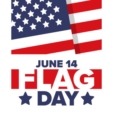 ABD 'de Ulusal Bayrak Günü. ABD 'de yıllık 14 Haziran tatili kutlandı. Amerikan bayrağıyla vatansever tarzı tasarım. Poster, tebrik kartı, afiş ve geçmiş. Vektör illüstrasyonu