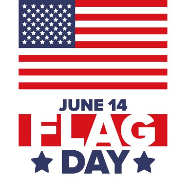 ABD 'de Ulusal Bayrak Günü. ABD 'de yıllık 14 Haziran tatili kutlandı. Amerikan bayrağıyla vatansever tarzı tasarım. Poster, tebrik kartı, afiş ve geçmiş. Vektör illüstrasyonu