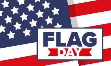 ABD 'de Ulusal Bayrak Günü. ABD 'de yıllık 14 Haziran tatili kutlandı. Amerikan bayrağıyla vatansever tarzı tasarım. Poster, tebrik kartı, afiş ve geçmiş. Vektör illüstrasyonu