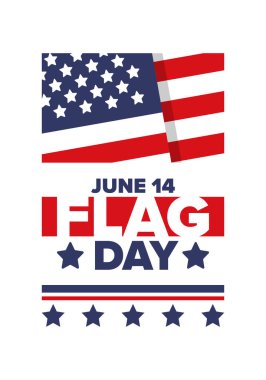 ABD 'de Ulusal Bayrak Günü. ABD 'de yıllık 14 Haziran tatili kutlandı. Amerikan bayrağıyla vatansever tarzı tasarım. Poster, tebrik kartı, afiş ve geçmiş. Vektör illüstrasyonu