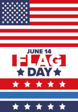ABD 'de Ulusal Bayrak Günü. ABD 'de yıllık 14 Haziran tatili kutlandı. Amerikan bayrağıyla vatansever tarzı tasarım. Poster, tebrik kartı, afiş ve geçmiş. Vektör illüstrasyonu