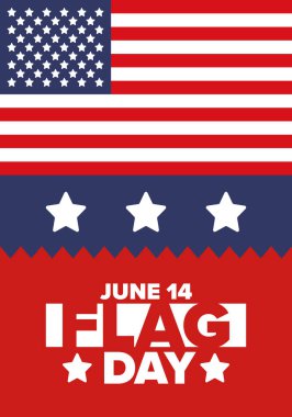 ABD 'de Ulusal Bayrak Günü. ABD 'de yıllık 14 Haziran tatili kutlandı. Amerikan bayrağıyla vatansever tarzı tasarım. Poster, tebrik kartı, afiş ve geçmiş. Vektör illüstrasyonu