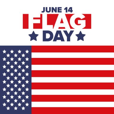 ABD 'de Ulusal Bayrak Günü. ABD 'de yıllık 14 Haziran tatili kutlandı. Amerikan bayrağıyla vatansever tarzı tasarım. Poster, tebrik kartı, afiş ve geçmiş. Vektör illüstrasyonu