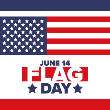 ABD 'de Ulusal Bayrak Günü. ABD 'de yıllık 14 Haziran tatili kutlandı. Amerikan bayrağıyla vatansever tarzı tasarım. Poster, tebrik kartı, afiş ve geçmiş. Vektör illüstrasyonu
