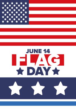 ABD 'de Ulusal Bayrak Günü. ABD 'de yıllık 14 Haziran tatili kutlandı. Amerikan bayrağıyla vatansever tarzı tasarım. Poster, tebrik kartı, afiş ve geçmiş. Vektör illüstrasyonu