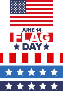 ABD 'de Ulusal Bayrak Günü. ABD 'de yıllık 14 Haziran tatili kutlandı. Amerikan bayrağıyla vatansever tarzı tasarım. Poster, tebrik kartı, afiş ve geçmiş. Vektör illüstrasyonu
