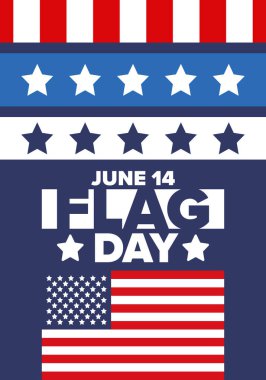 ABD 'de Ulusal Bayrak Günü. ABD 'de yıllık 14 Haziran tatili kutlandı. Amerikan bayrağıyla vatansever tarzı tasarım. Poster, tebrik kartı, afiş ve geçmiş. Vektör illüstrasyonu